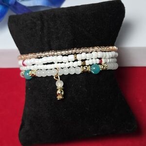 Boho White Gold Beaded Bracelet Set of 4 Stretch Charm Bracelet Stack Minimalist